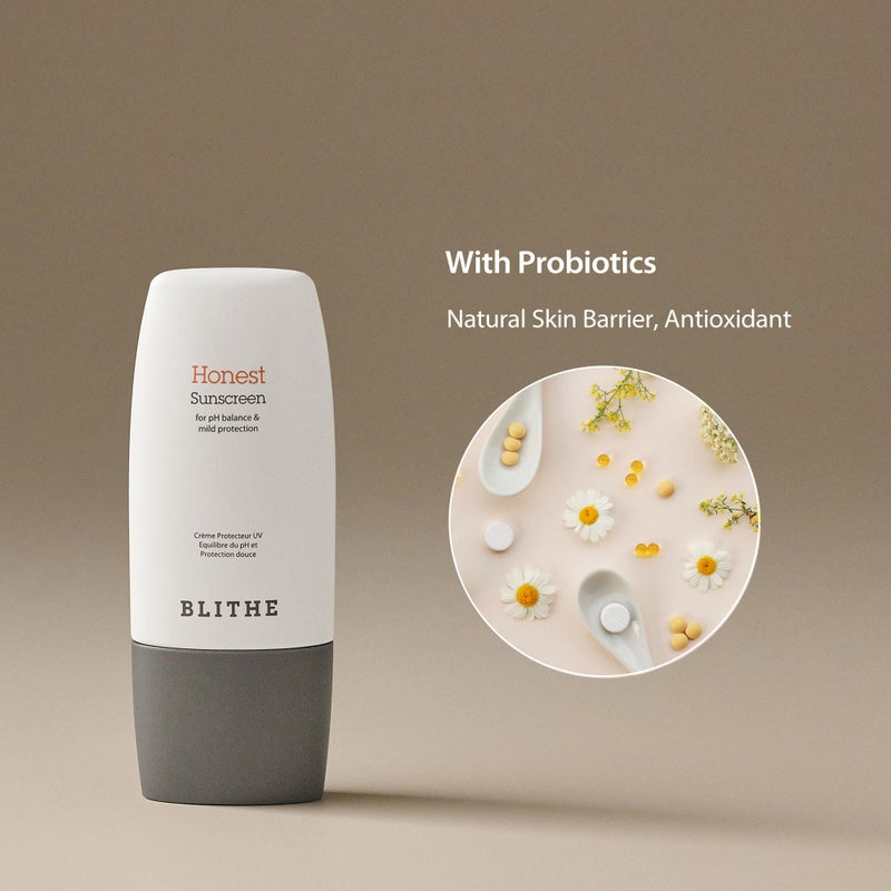 بلايث واقي الشمس BLITHE Honest لطيف وفعال من الأشعة فوق البنفسجية - واقي شمس كوري خفيف الوزن، درجة حموضة متوازنة 5.5 وحاصل على تصنيف EWG الأخضر، مع بروبيوتيك، عامل حماية من الشمس 50+ PA++++ (1.69 أونصة) - Image 3